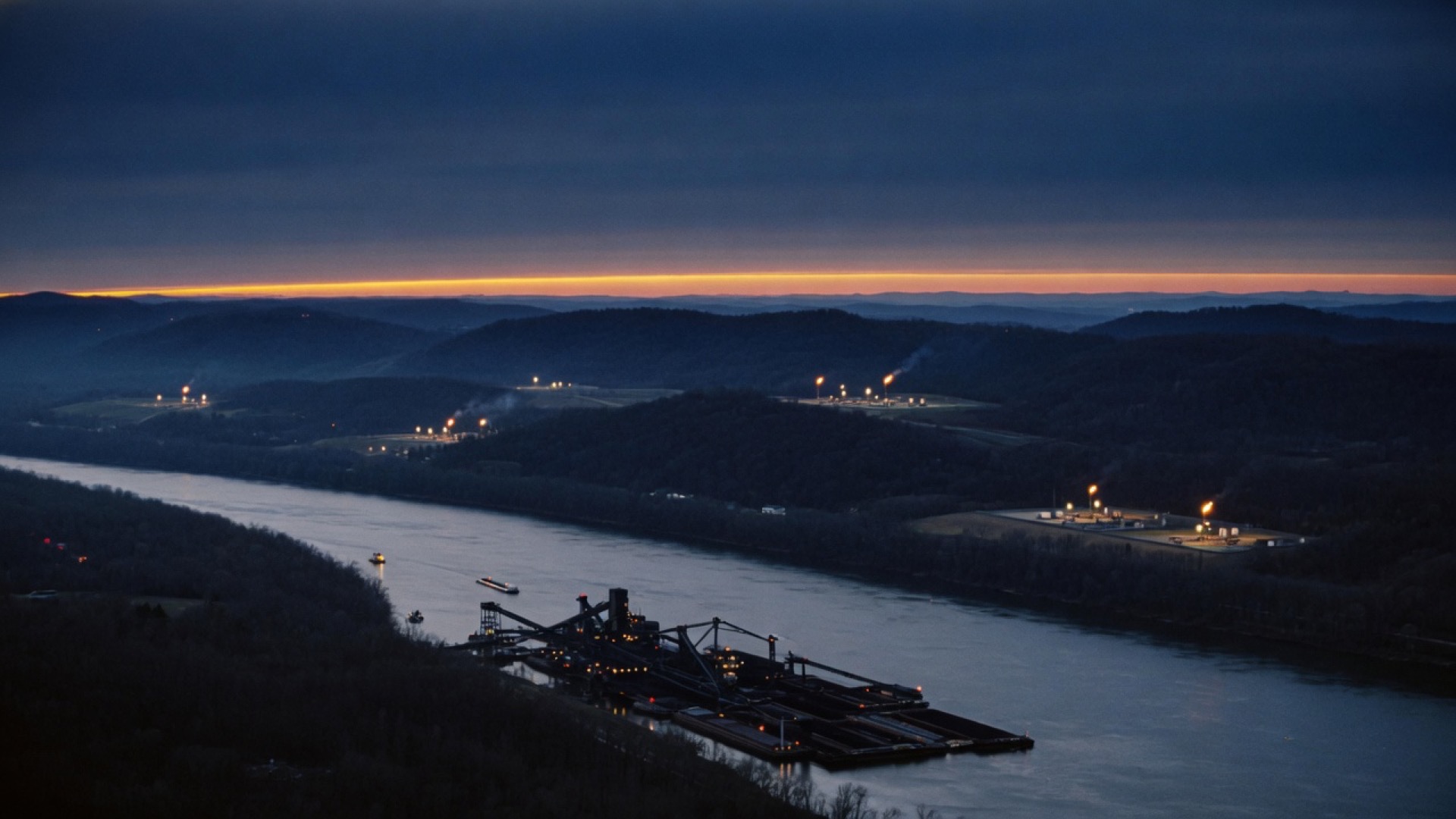 Appalachian river corridor at dusk — molecules to watts